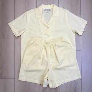 VTG Cathy Daniels Yellow Seersucker Lounge Set L Gingham Pajama Short Sleeve Top
